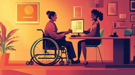 Poster - A supportive coworker assisting a colleague in a wheelchair at the office