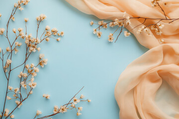 Wall Mural - A soft peach scarf and delicate flowers on a light blue background, creating an aesthetic display.