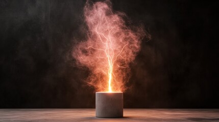 Poster - a glowing column of smoke and flame emerges from a cylindrical base against a dark background, creat