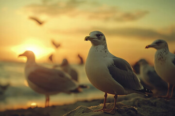 Wall Mural - A serene beach scene featuring seagulls against a sunset backdrop.