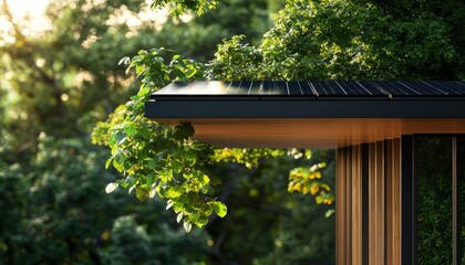 Aufkleber - A modern wooden structure with a sleek roof, adorned with greenery, blending harmoniously with the surrounding nature.