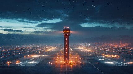 Poster - Brightly lit control tower surrounded by active runways at night