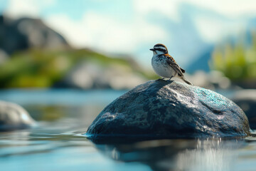 Canvas Print - A small bird perched on a rock by a serene body of water, surrounded by nature's beauty.