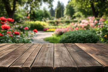 Wall Mural - A wooden table in a vibrant garden filled with blooming flowers and greenery.