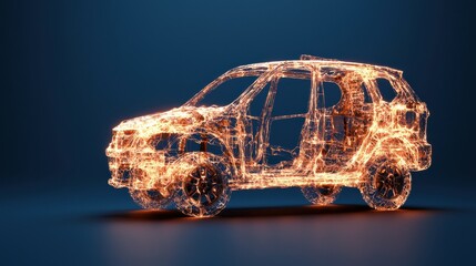 Poster - A glowing, wireframe SUV model illuminated against a dark blue background, showcasing a modern, technological design.