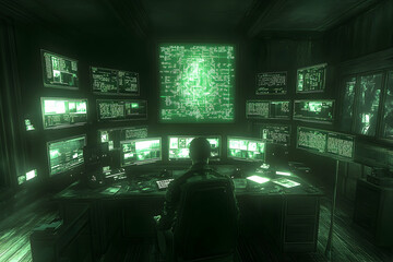Poster - Hacker at work in a dark room with many monitors displaying green code.