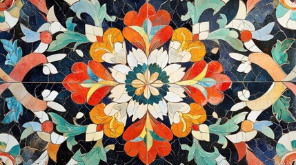Poster - Floral tile pattern with intricate symmetrical details in bright colors