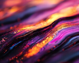 Aufkleber - A vibrant, abstract image featuring fluid waves of color in shades of purple, orange, and blue, creating a mesmerizing, dynamic visual effect.