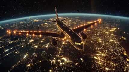 Poster - Illustration of global air traffic patterns glowing over a night Earth view