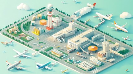 Poster - Isometric illustration of airport systems and flight paths