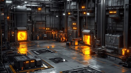 Poster - Futuristic industrial factory interior with glowing furnaces.