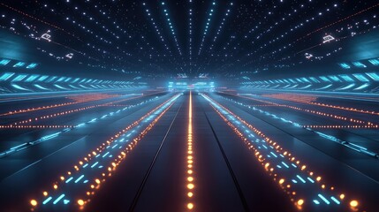 Poster - Nighttime view of an illuminated airport runway with guiding lights