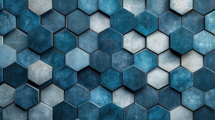 Poster - Overlapping hexagon pattern in muted shades of blue and gray