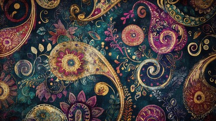 Poster - Repeating paisley pattern in rich jewel tones on a textured background