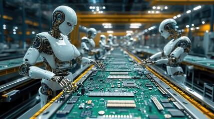 Poster - Robots placing circuit boards on conveyor belts in an electronics plant