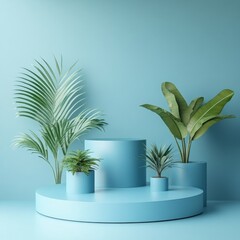 Poster - Round stage step podium with nature theme on pastel blue background. Pedestal for kid product presentation. Geometric 3D render