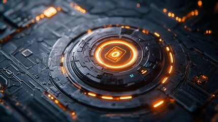 Poster - Futuristic technological interface with glowing orange circle.