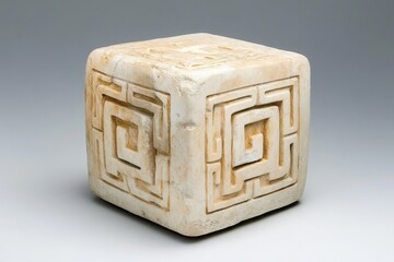 A carved stone cube with geometric patterns, used as a decorative artifact in an ancient setting