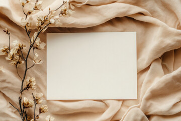 Wall Mural - A blank card surrounded by soft fabric and delicate flowers, ideal for invitations or notes.