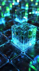 Poster - Glowing Glass Cube on a Futuristic Surface