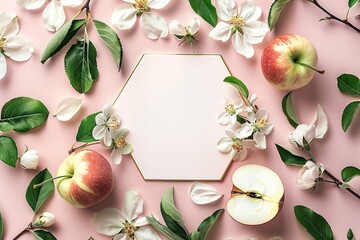 Leinwandbilder - A large space with a gentle pink backdrop and a white hexagon-shaped card covered with numerous rose blooms a top view and close shot, Generative AI.