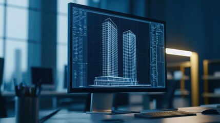Fototapete - A computer screen displays architectural plans for two tall buildings in a modern office setting, emphasizing design and construction elements.