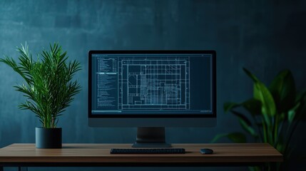 Fototapete - A modern workspace featuring a computer displaying blueprints, surrounded by lush greenery, against a textured blue wall.
