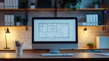 Fototapete - A modern workspace featuring a computer displaying architectural plans, complemented by stylish lighting and organized shelves.