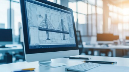 Fototapete - A modern office scene featuring a computer displaying architectural designs, with a focus on workspace aesthetics and natural lighting.