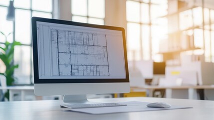 Fototapete - A brightly lit workspace featuring a computer displaying architectural plans, emphasizing design and productivity in a modern environment.