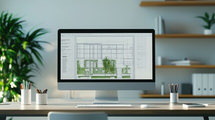 Fototapete - A modern workspace featuring a computer displaying architectural plans, complemented by greenery and a minimalist design.