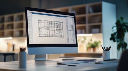 Fototapete - A sleek computer displaying architectural plans on a desk, surrounded by organized office supplies and plants in a modern workspace.