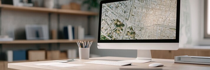 Fototapete - A modern workspace featuring a computer with a vibrant screen, a stylish desk, and organizational tools, creating a productive atmosphere.