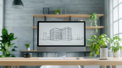 Fototapete - A modern workspace featuring a computer displaying architectural sketches, surrounded by greenery and minimalist decor.