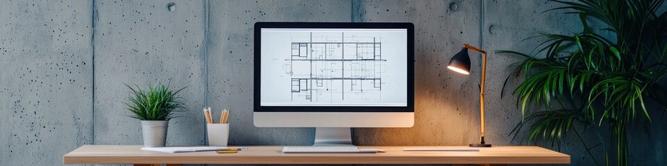 Fototapete - A modern workspace featuring a computer displaying design plans, complemented by a desk lamp, potted plant, and minimalist decor against a concrete wall.