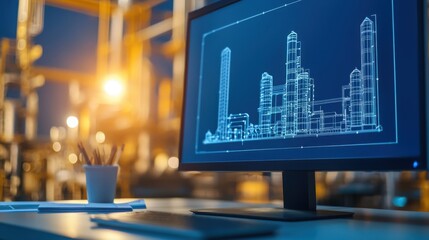 Fototapete - A workspace featuring a computer displaying a blueprint of a city skyline, illuminated by warm lights, suggesting an innovative and creative environment.