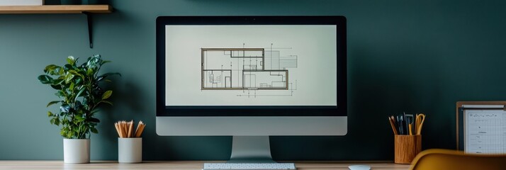 Fototapete - A modern workspace featuring a computer displaying architectural plans, surrounded by plants and stationery on a stylish desk.