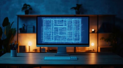 Fototapete - A serene workspace with a glowing monitor displaying architectural designs, surrounded by calming plants in a softly lit environment.