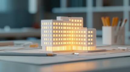 Fototapete - A illuminated architectural model of a modern building sits on a table, showcasing intricate design features and a creative workspace.
