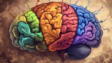 Poster - Illustration of a human brain showing different sections for creativity, logic, memory, and emotions