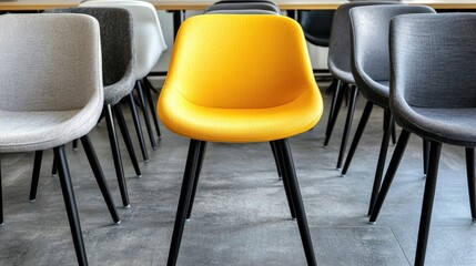 Poster - Vibrant yellow chair among neutral seating modern office interior design contemporary space direct angle furniture concept