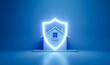 © Radorog. - a shield with a private house on a blue background, copy space