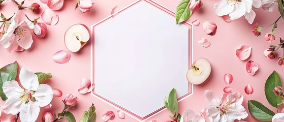 Leinwandbilder - A large space with a gentle pink backdrop and a white hexagon-shaped card covered with numerous rose blooms a top view and close shot, Generative AI.