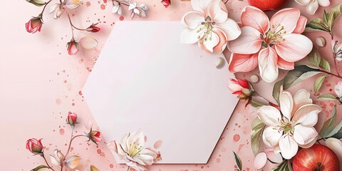 Leinwandbilder - A large space with a gentle pink backdrop and a white hexagon-shaped card covered with numerous rose blooms a top view and close shot, Generative AI.