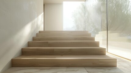 Wall Mural - Modern minimalist light wood staircase ascending towards a large window overlooking a tree-filled landscape.