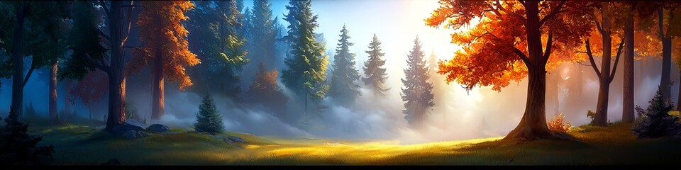 A vibrant autumn forest scene with bright orange foliage and misty morning light.