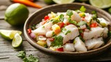 Photo of, A bowl of tangy ceviche made with fresh white fish, lime juice