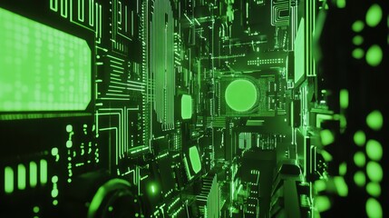Poster - Futuristic neon green and black circuit design in abstract digital tech landscape