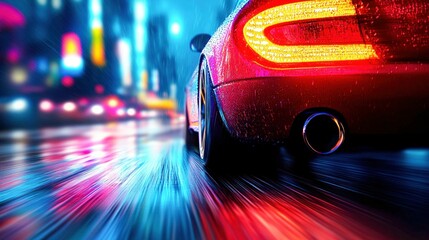 Poster - Close-Up of Rear Light and Exhaust Pipe on Red Sports Car at Night