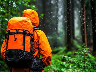 Poster - A hiker in an orange rain jacket stands in a lush forest, surrounded by trees and falling rain, ready for an adventure in nature.